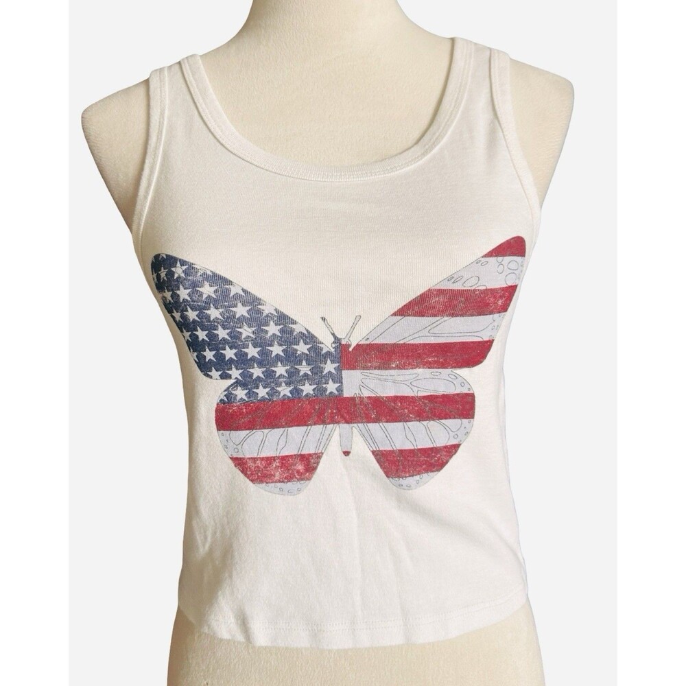 American Flag Butterfly Cotton Cropped White Tank Top  Grayson Threads M